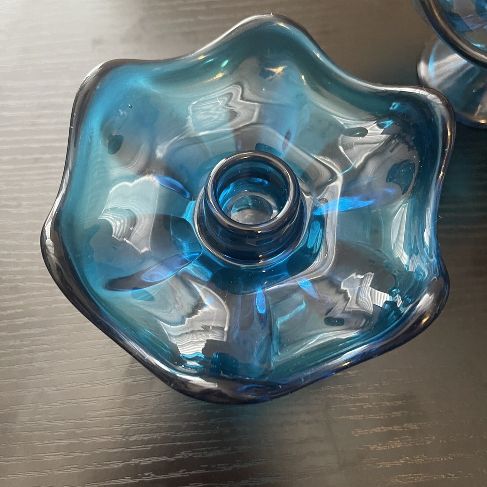 Pair 2x MCM Viking Glass Bluenique 6 Petal Candle Holders Candlestick Holder - Picture 4 of 11